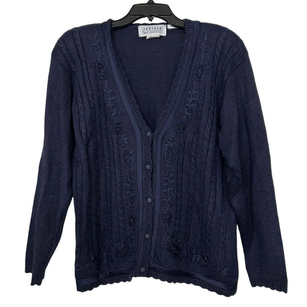 Jantzen Classics Navy Blue Cable Knit Cardigan Sweater Embroidered Cottagecore M